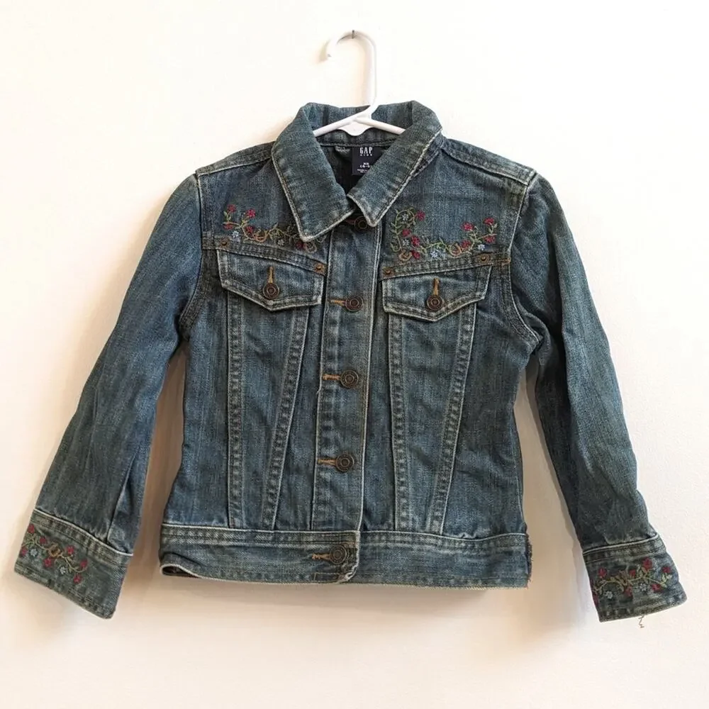 Vtg Y2K Gap Denim Jacket Girls Sz 4-5T Embroidered